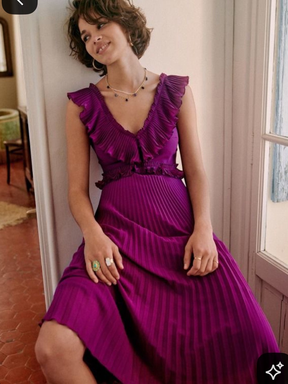 Sezane Pleated Ruffle Midi Dress in Magenta
